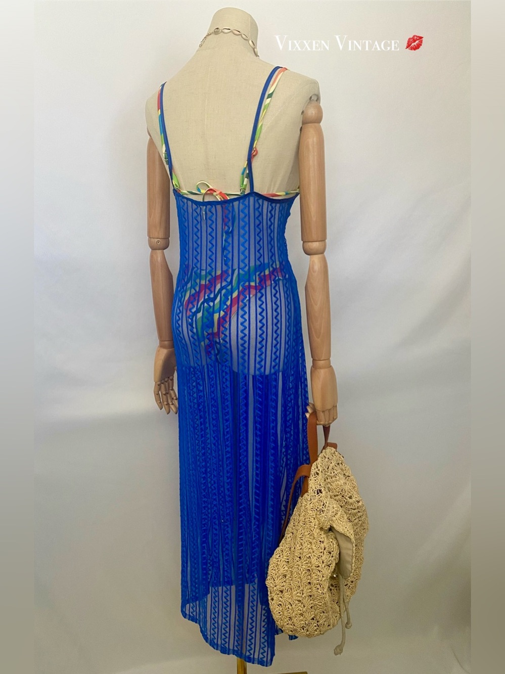 MESH THIGH HIGH SLIT MAXI COVERUP DRESS IN COBALT BLUE - Picture 4 of 4